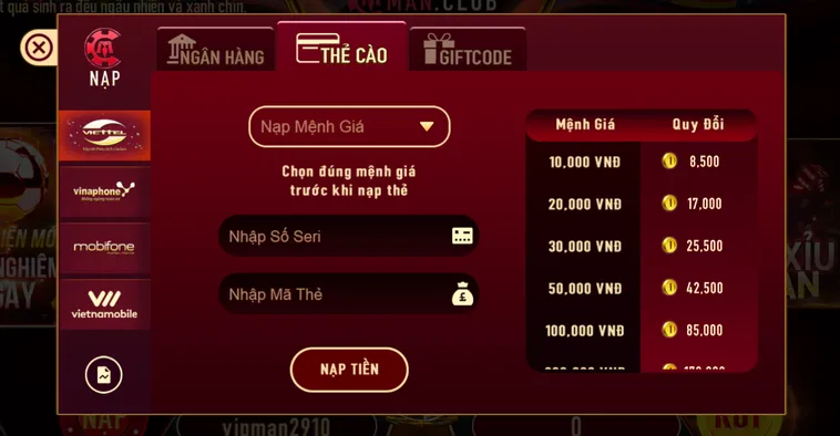 Phương Pháp Nạp Tiền ManClub Tiện Lợi Sở Hữu Vốn Cược Khổng Lồ Ngay Tức Thì